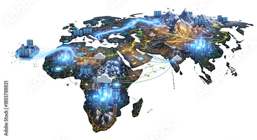 Global network of interconnected cities and infrastructure illuminating the planet with vibrant digital energy and technological advancement