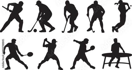 Various athletes in silhouette play cricket, field hockey, baseball, badminton, and table tennis with transparent background