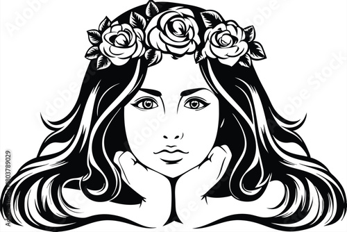 Monochrome reveals a lady adorned with rose wreath and wavy hair resting her chin