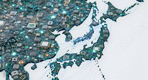 Futuristic map of East Asia transformed into a sophisticated circuit board, symbolizing advanced digital connectivity, innovation, and integrated technological networks