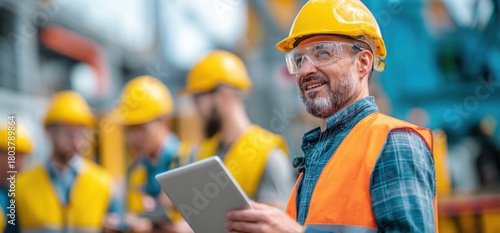 a professional worker in an industrial plant is talking to his colleagues while holding a clipboard and wearing safety glasses.