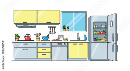 Colorful kitchen illustration with yellow cabinets