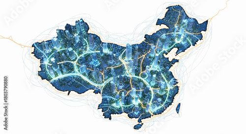 Futuristic glowing map of China showing intricate network connections and transportation routes illuminated with vibrant light