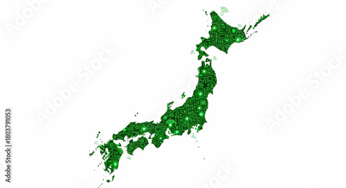 Map of Japan with glowing green dots representing cities and populated areas