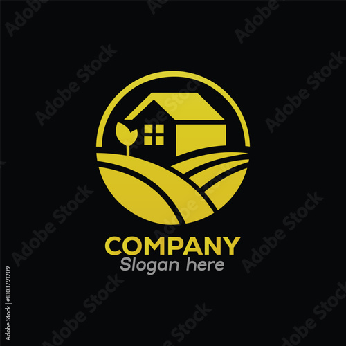 Elegant golden farm house logo design for sustainable living brand identity and company use