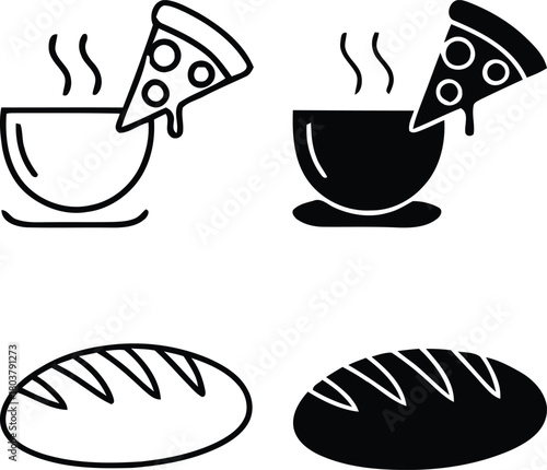 Set of food icons soup pizza and bread line art and solid fill