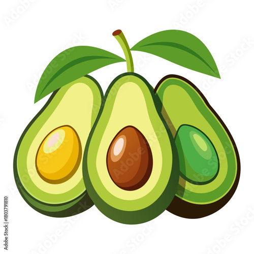 Three sliced avocados with leaves and stems