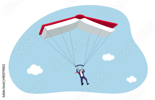 A businessman skydiving with a book-shaped parachute. It symbolizes the use of knowledge and learning to navigate challenges and achieve success, even in uncertain or risky situations.