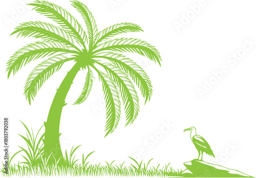 Green silhouette of a palm tree with grass and a bird on a rock vector illustration