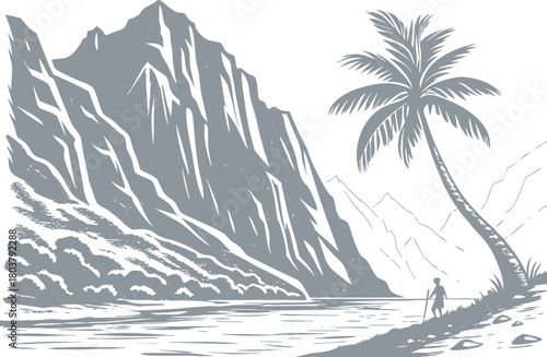 Lone Figure and Palm Tree by Majestic Mountains and Water landscape