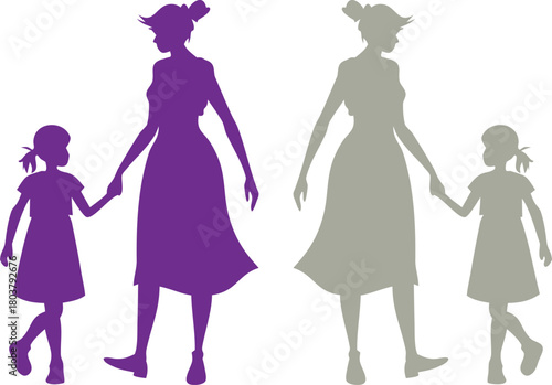 Mother and daughter silhouettes holding hands on transparent background family child