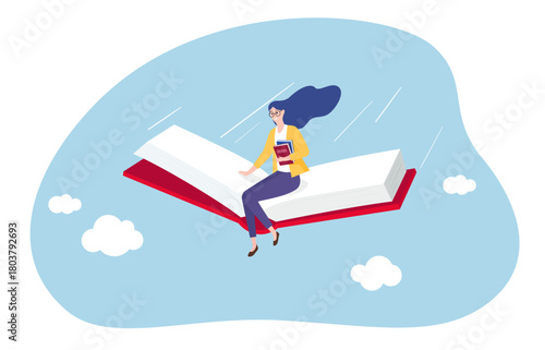 A woman flying on a giant open book, holding more books. It symbolizes the power of knowledge and reading to take you to new heights and adventures.