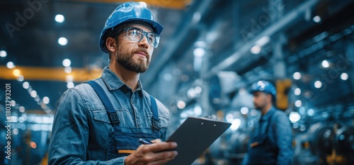 Engineer in overalls and a helmet with glasses, holding a clipboard in the background of a production line, inside a factory with a blue color theme.