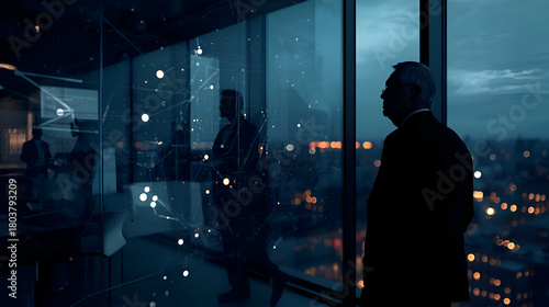 Pensive ceo ponders use of ai technology to replace employees while looking out at city skyline at night. man in silhouette reflects on difficult decision