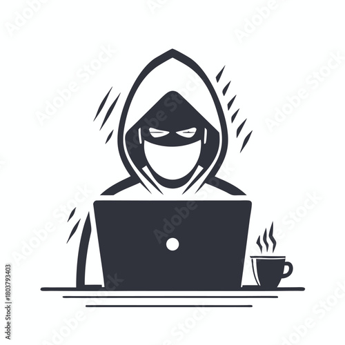 Mysterious hooded figure intensely uses a laptop computer near a steaming coffee mug