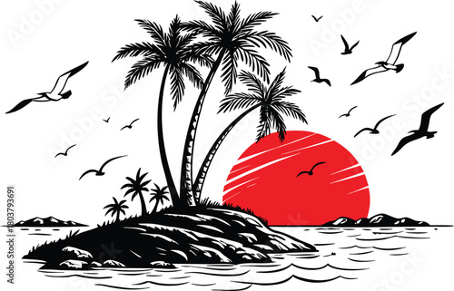 Tropical island with palm trees and seagulls at sunset ocean