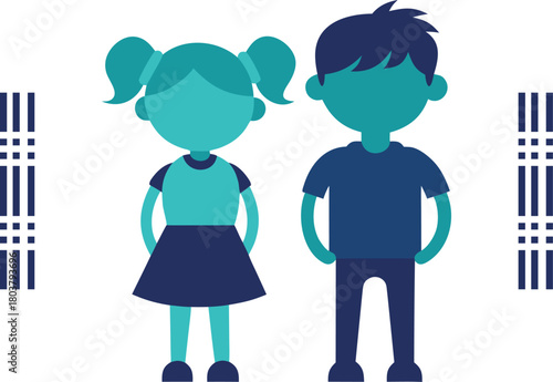 Two cartoon children standing side by side on transparent background girl kids