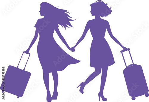 Two women in dresses holding hands and pulling suitcases travel luggage