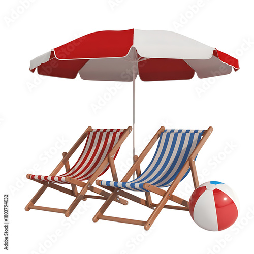 Striped deck chairs under a red and white umbrella with beach ball isolated on transparent background