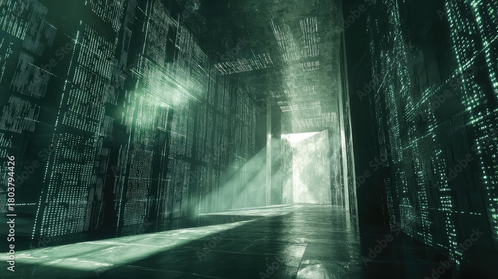 Fototapeta premium Digital data flowing through server corridor in cyberspace