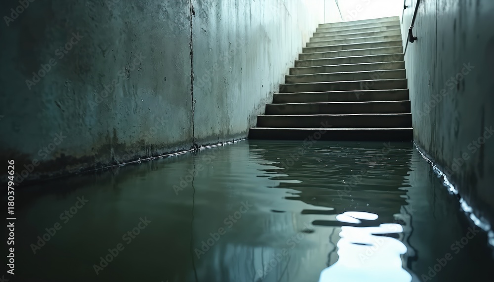 Fototapeta premium Flooded concrete stairwell with dark water pooling at bottom. Light shines from top of stairs, creating gloomy atmosphere. Wet walls show signs of damage and decay.
