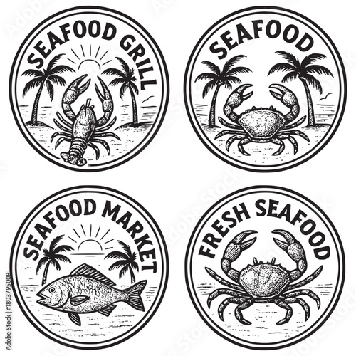 Collection of Hand-Drawn Seafood Badges and Emblems Popular Crab Seafood Recipes Around the World