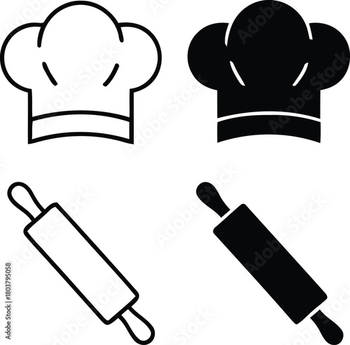 Chef hat and rolling pin icons in outline and solid black