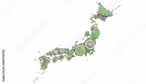 Map of Japan composed of natural elements and abstract shapes, representing sustainable development and environmental awareness
