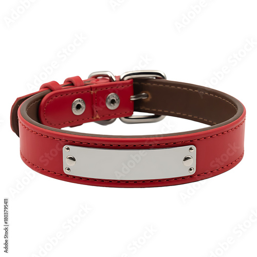 Red leather dog collar with blank engravable metal name plate isolated on transparent background