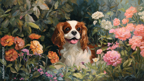 Cavalier King Charles Spaniel dog in flower garden artwork