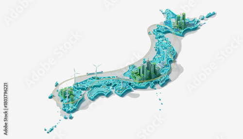 Stylized Isometric Map of Japan Showcasing Green Energy Infrastructure and Sustainable Urban Development. A Modern Vision of Renewable Power and Connected Cities on a White Background