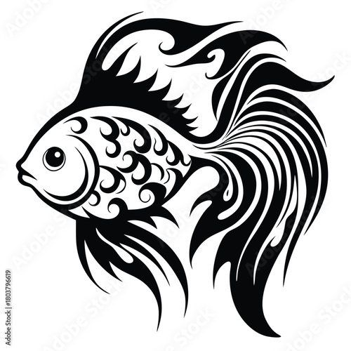 Ornamental black fish showcases swirling patterns and intricate fin details on a white background