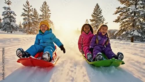 Three Happy Diverse Children Sledding Down a Snowy Hill at Sunset.