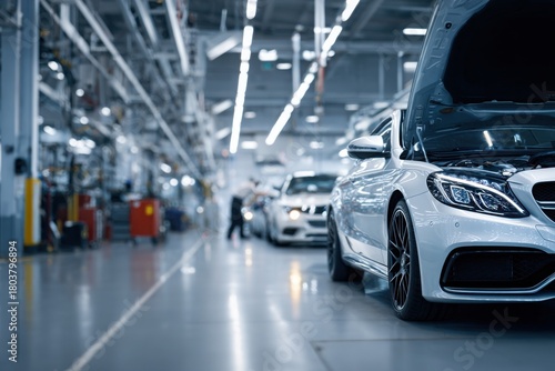 a modern and clean car workshop with cars in the foreground, open hoods of cars visible on which mechanics work on the engines. in the blurred background, there is an empty space for text.