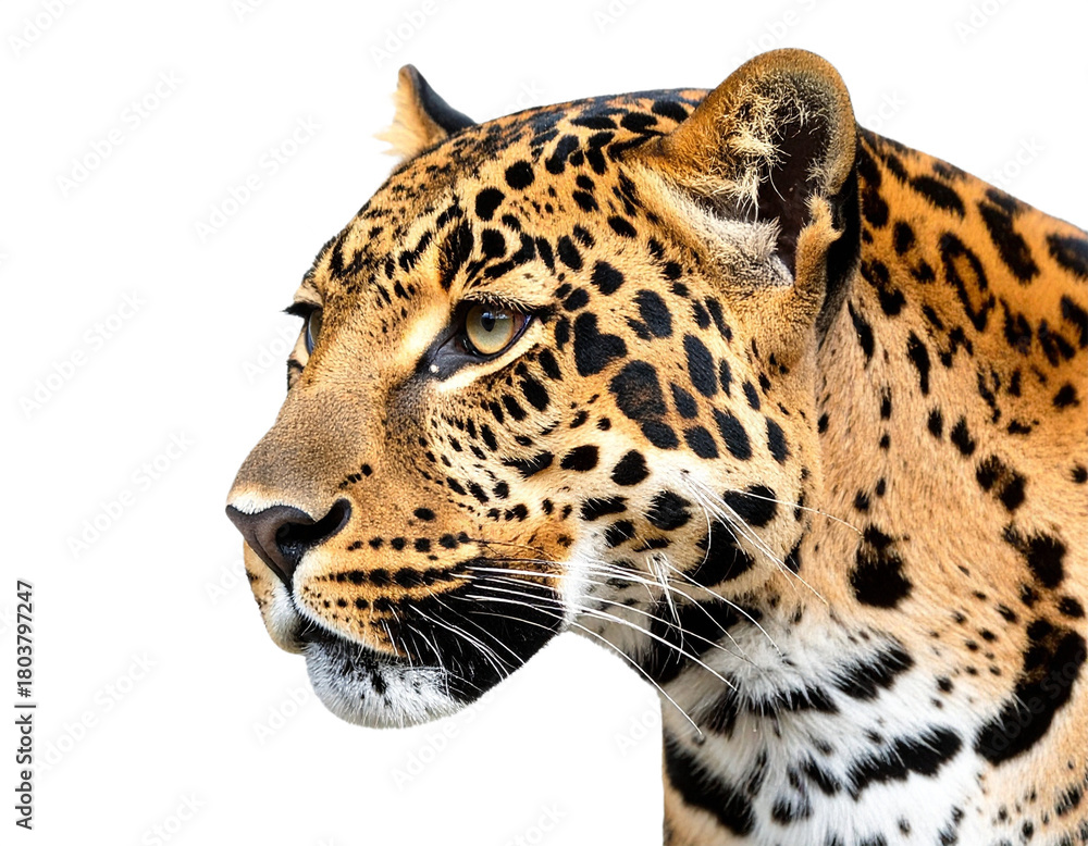 Fototapeta premium Jaguar head profile isolated on white background, transparent PNG