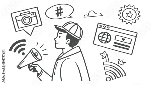 Young person with megaphone and social media icons in a doodle style