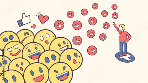 Person sending out social media likes and emojis to a crowd of happy faces