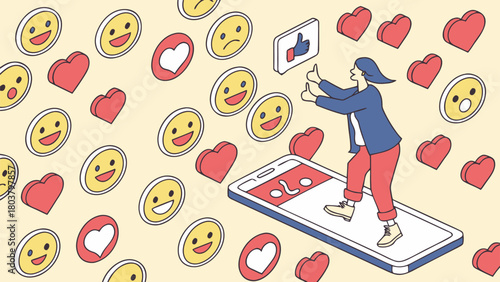 Person interacting with social media likes and emojis on a smartphone