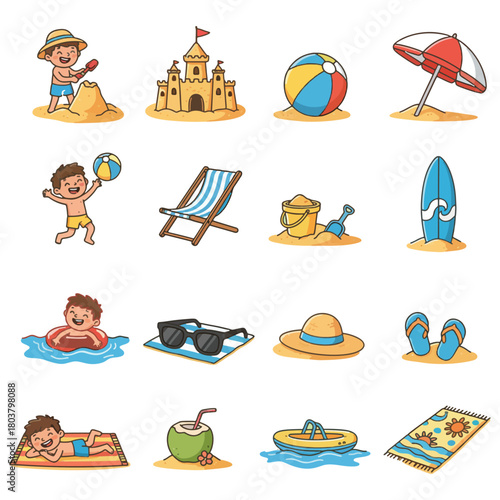 Summer Beach Vacation Cartoon Icons: Sandcastle Boy Ball Umbrella Chair Surfboard and More.