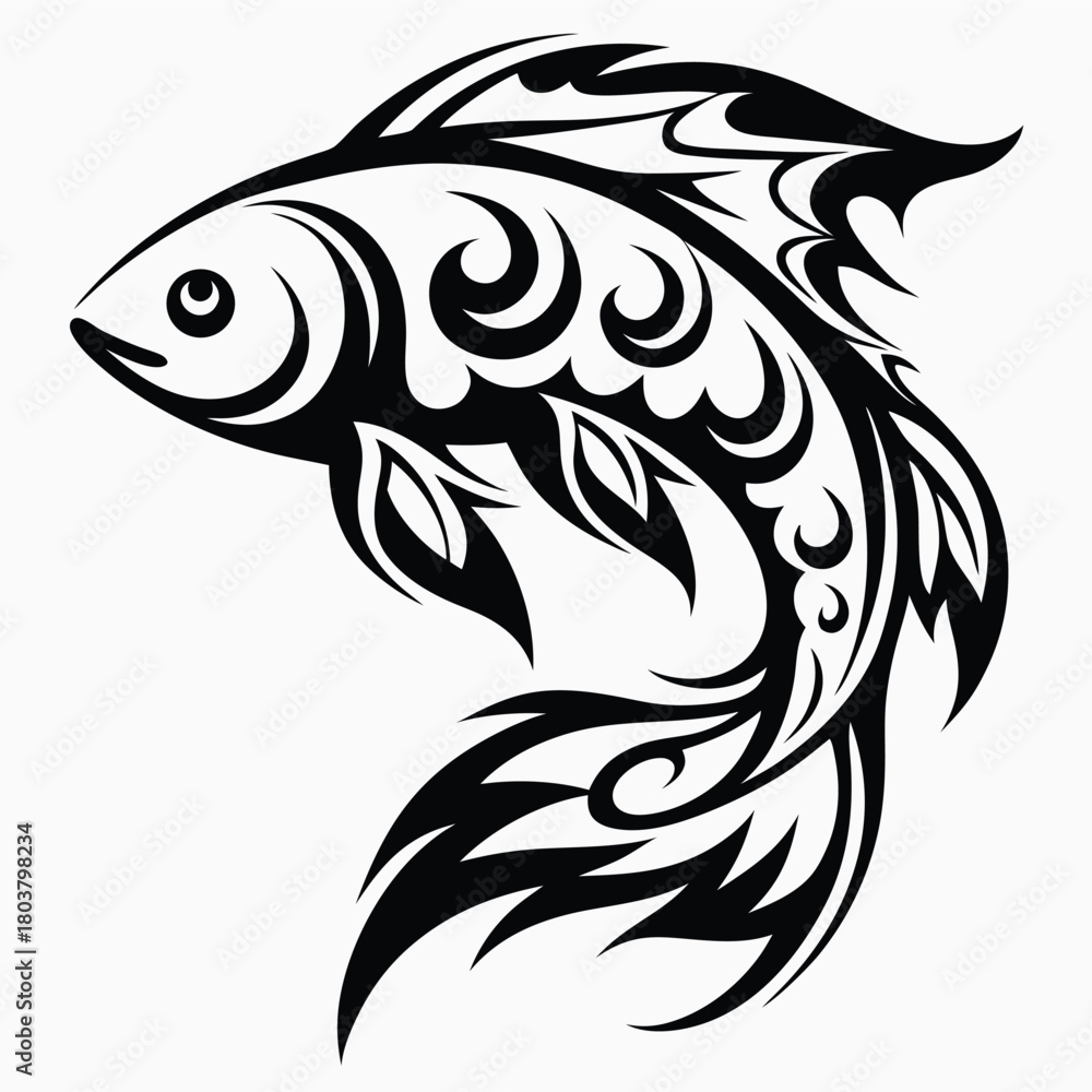 Naklejka premium Ornamental fish swims upward gracefully with stylized fins and tail in black monochrome