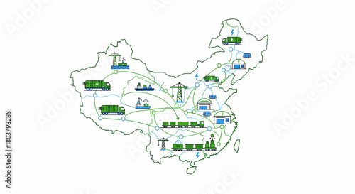 Visualizing China's vast energy infrastructure and interconnected power grid network with various industrial icons