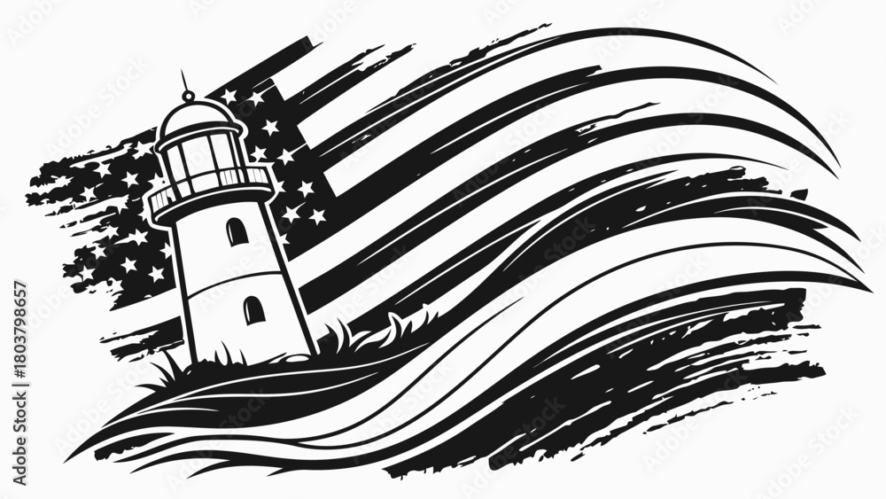 Fototapeta premium Lighthouse and american flag illustration with wavy stripes