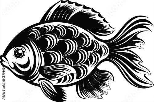 Ornamental goldfish displays intricate monochrome pattern featuring swirling line and graceful fin details prominently
