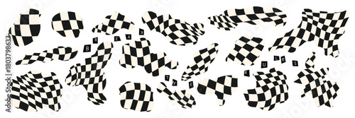Set of distorted abstract black and white checker shape elements