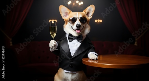 Dressed up corgi dog in tuxedo holding champagne glass at table