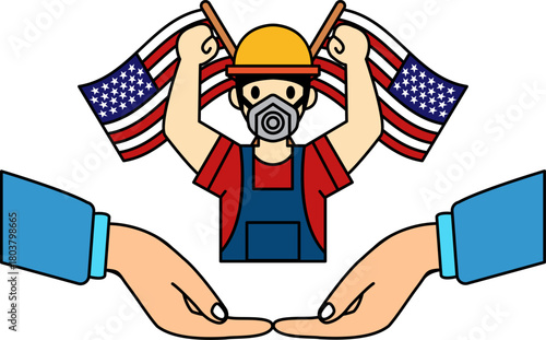 Worker raise their hands in front of the American flag