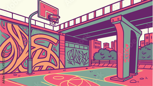 Vibrant urban basketball court with graffiti art under a bridge