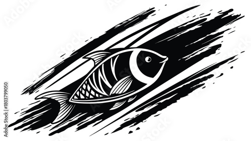 Stylized fish illustration with bold brush strokes in black and white