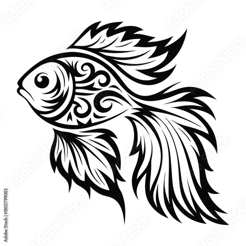 Ornamental goldfish exhibits elaborate black tribal pattern on its body