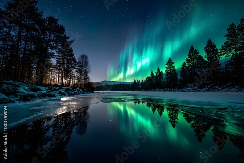 Leuchtende Nordlichter über vereistem Fluss und Winterlandschaft
